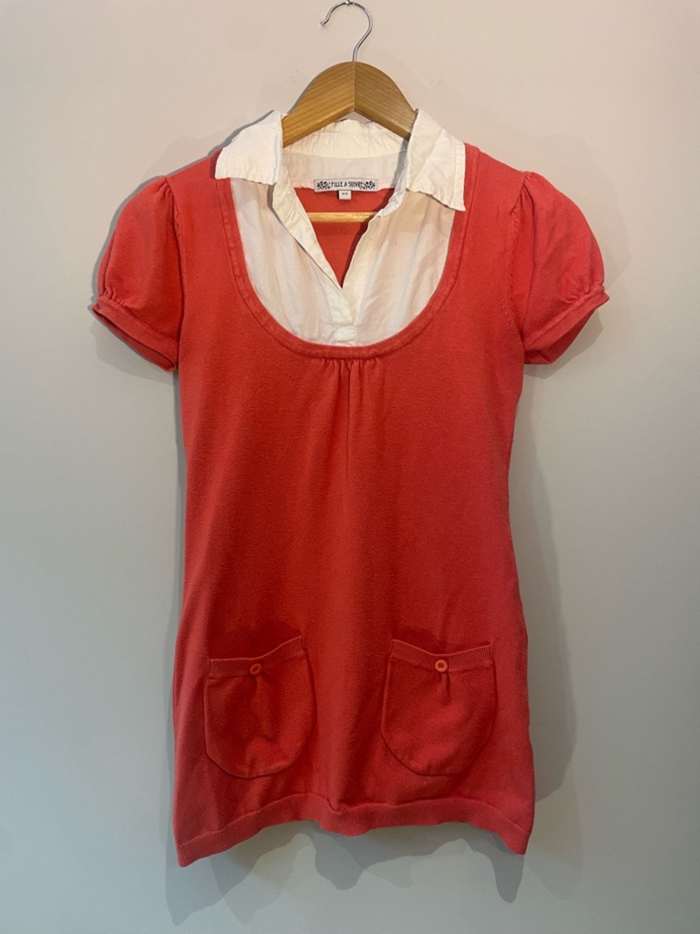 Y2K White Collared Coral Short Sleeve Knit Top (S)